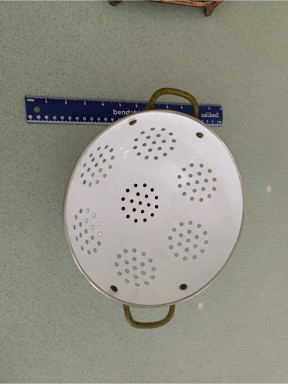 Vintage White Enamel stand Alone Colander with Brass Handles